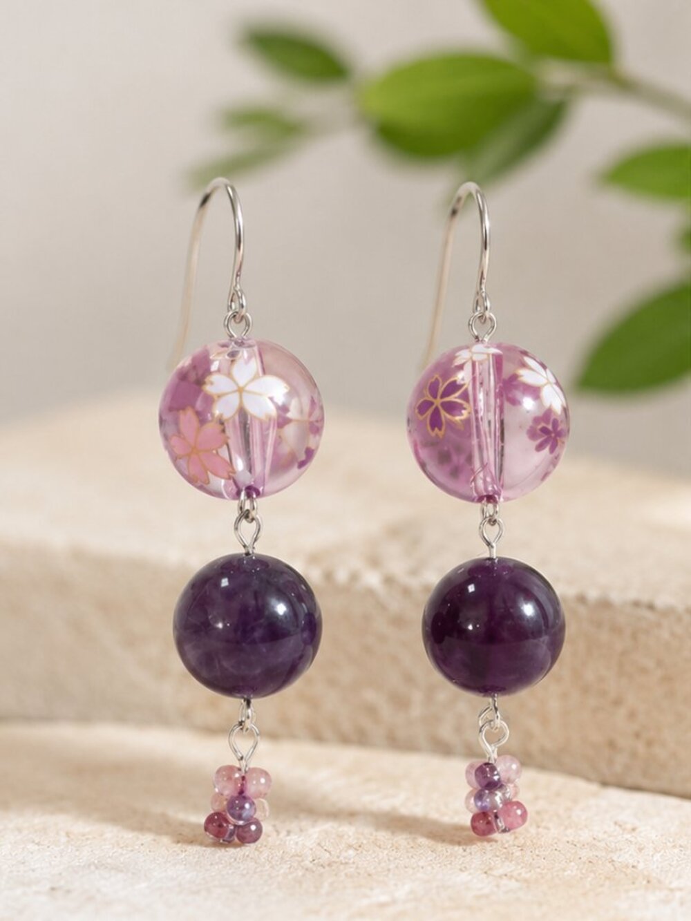 Handmade, One-of-a-kind, Cherry Blossom Sakura Purple Earring, Titanium Hooks